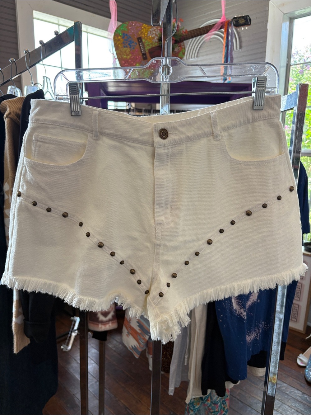 White Studded Frayed Hem Women's Shorts